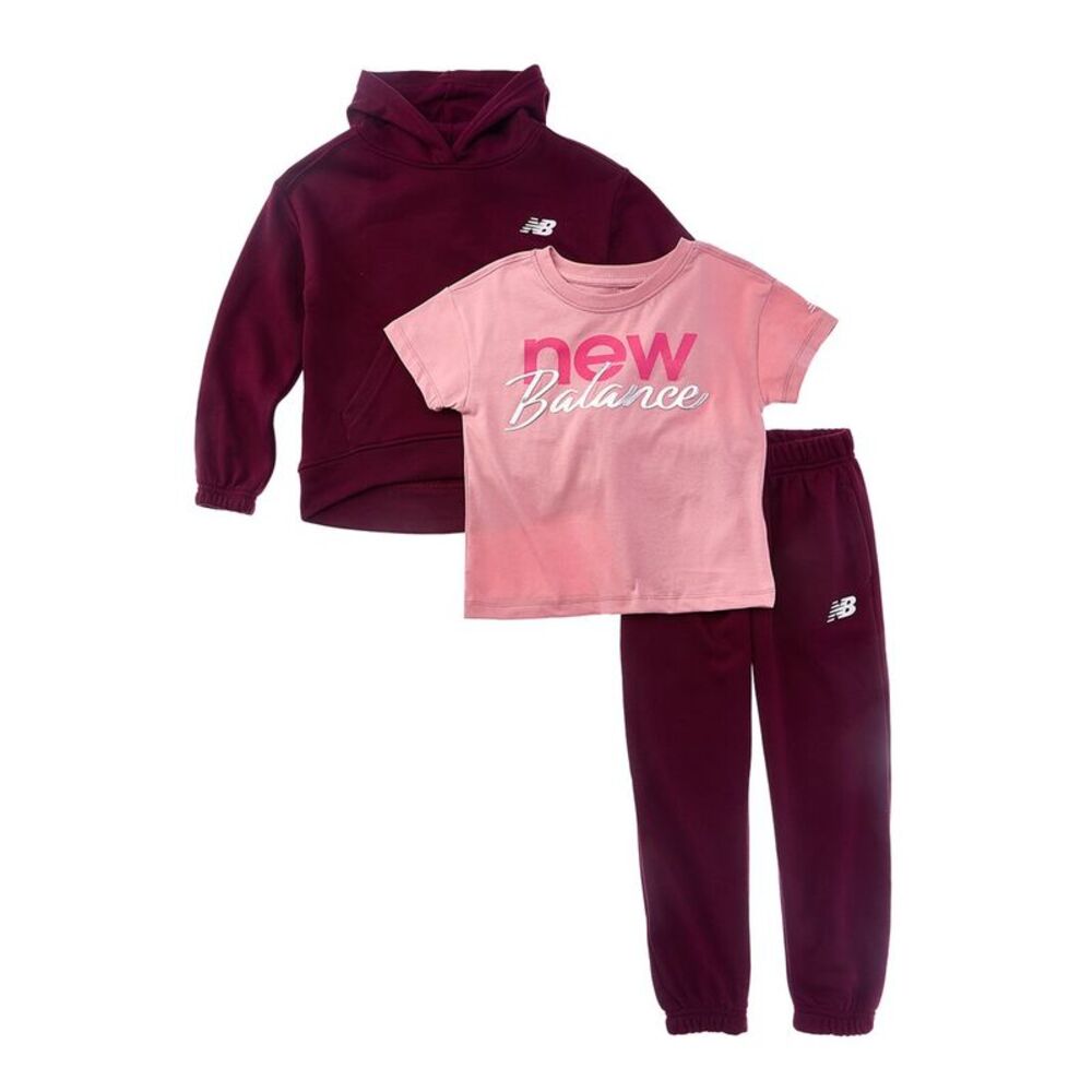 New Balance Girls  3Pc Hoodie, T-Shirt & Jogger Pant Set, Red